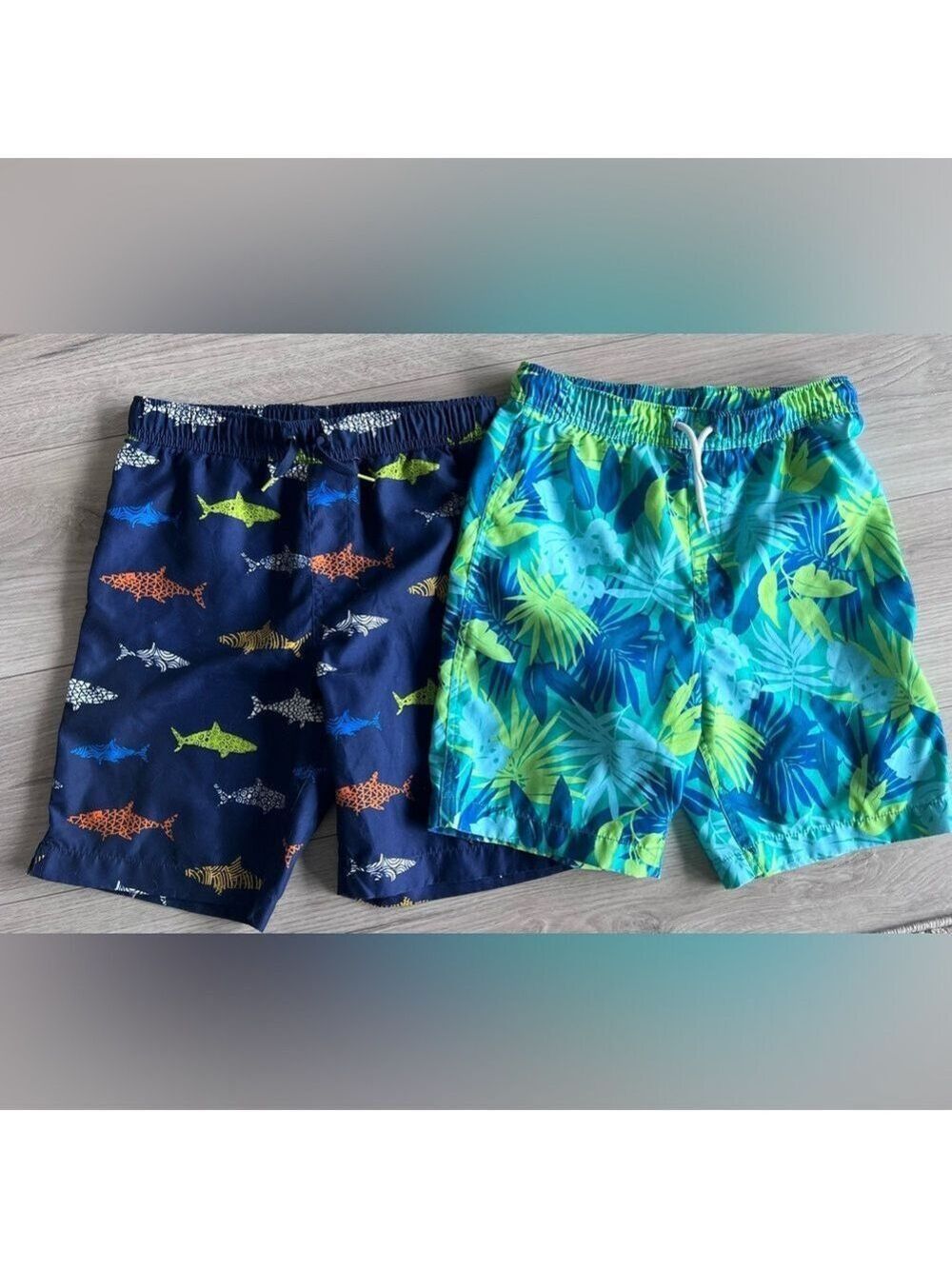 Boys Lands’ End Swim Trunks 10-12 Hawaiian Blue And Sharks